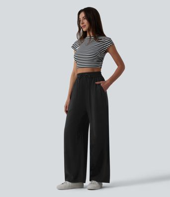 High Waisted Drawstring Wide Leg Casual Linen-Blend Pants with Pockets
