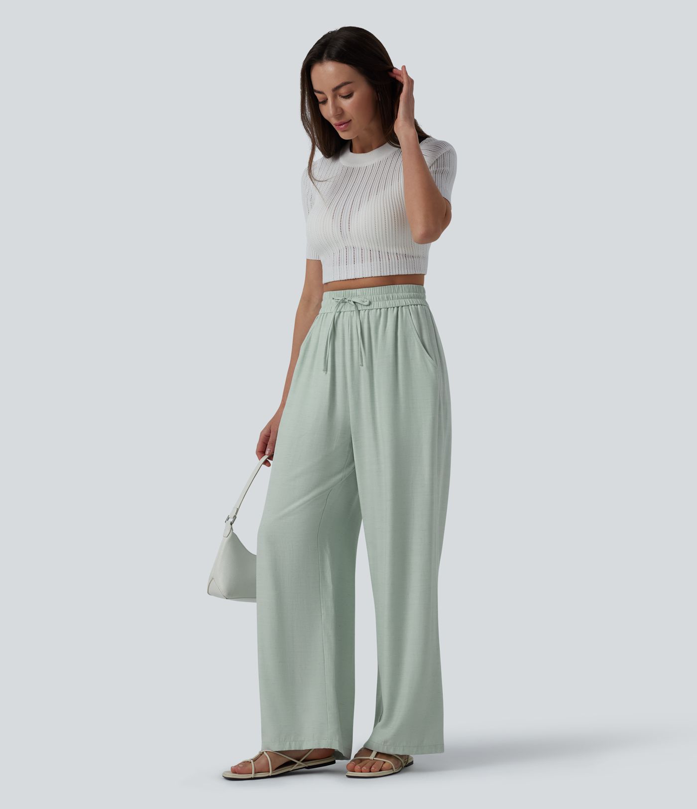 High Waisted Drawstring Wide Leg Casual Linen-Blend Pants with Pockets