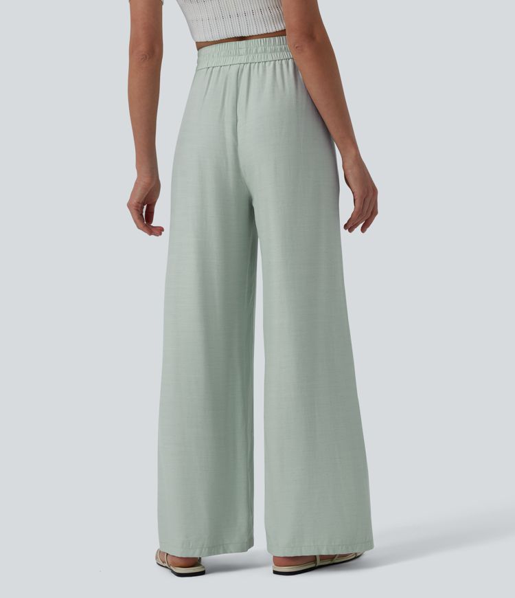 High Waisted Drawstring Wide Leg Casual Linen-Blend Pants with Pockets