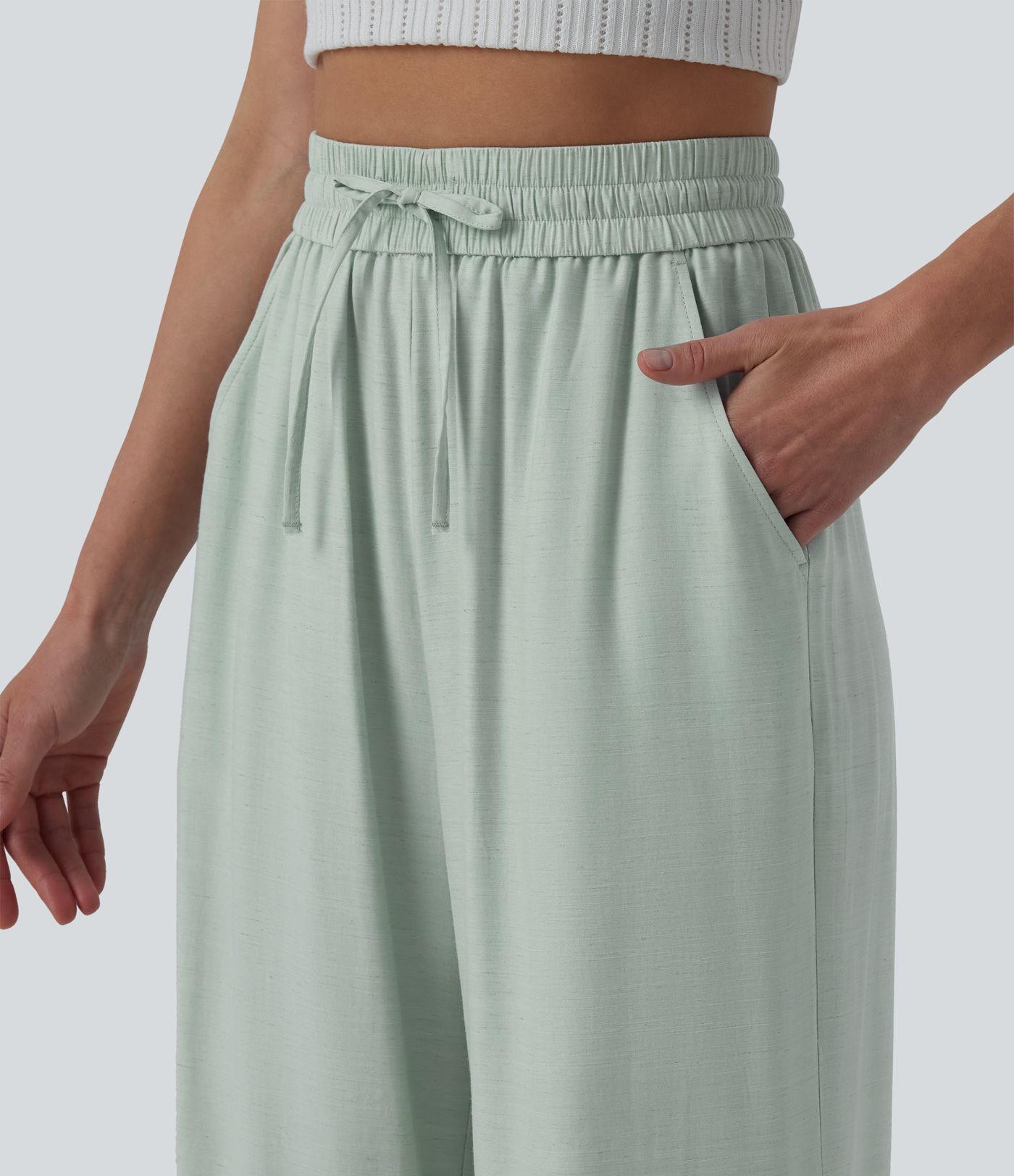 High Waisted Drawstring Wide Leg Casual Linen-Blend Pants with Pockets