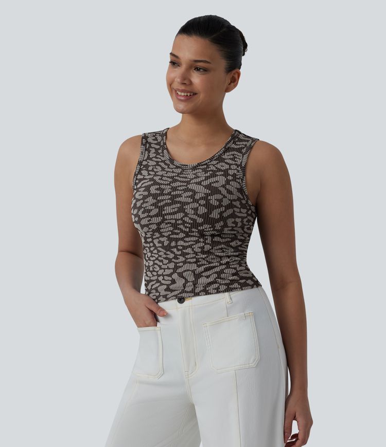 OneForm Seamless Flow Round Neck Leopard Print Casual Tank Top