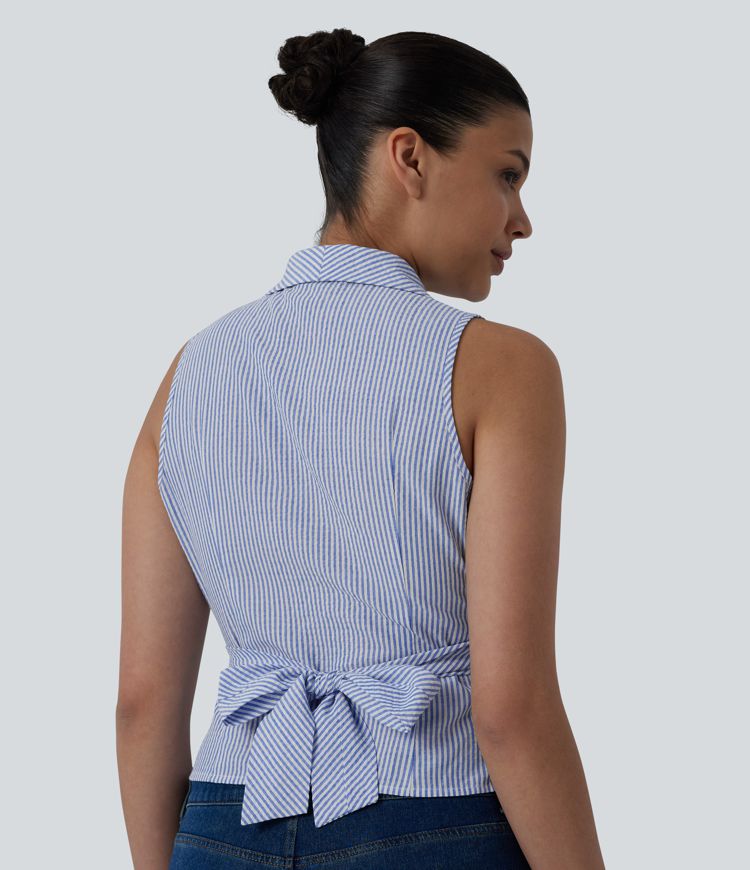 V Neck Tie Back Sleeveless Stripe Casual Shirt V Neck Tie Back Sleeveless Stripe Casual Shirt