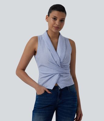 V Neck Tie Back Sleeveless Stripe Casual Shirt V Neck Tie Back Sleeveless Stripe Casual Shirt