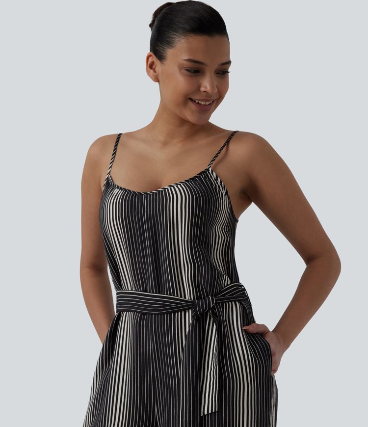 Tie Side Stripe Casual Slip Jumpsuit with Pockets
