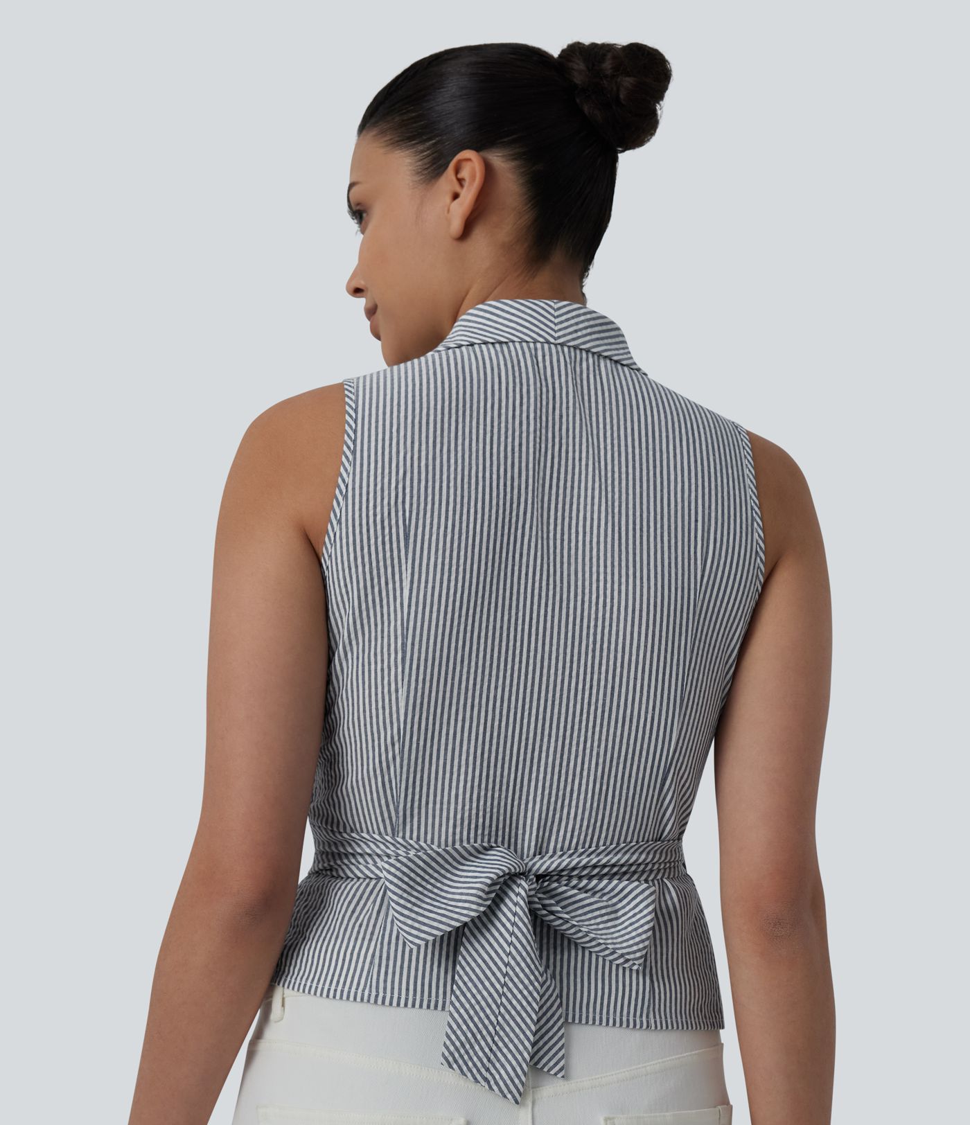 V Neck Tie Back Sleeveless Stripe Casual Shirt