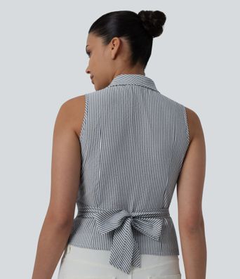 V Neck Tie Back Sleeveless Stripe Casual Shirt
