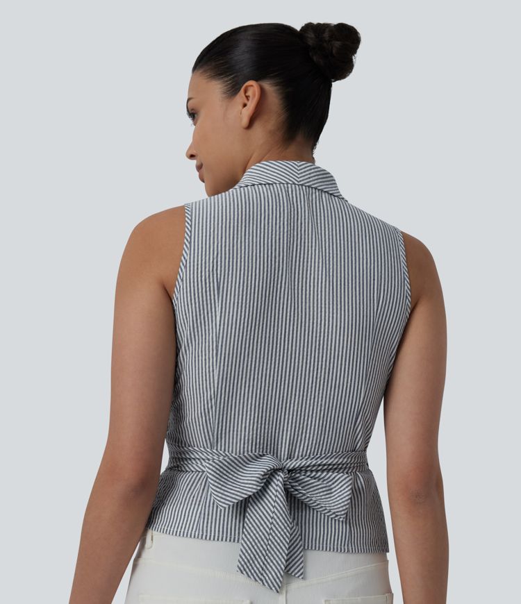 V Neck Tie Back Sleeveless Stripe Casual Shirt
