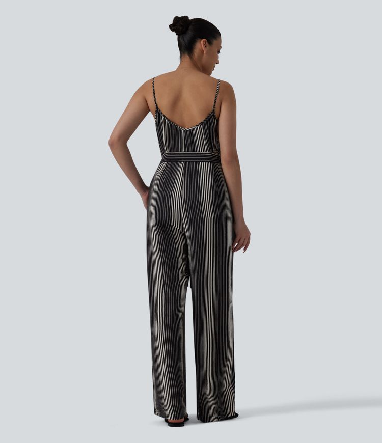 Tie Side Stripe Casual Slip Jumpsuit with Pockets