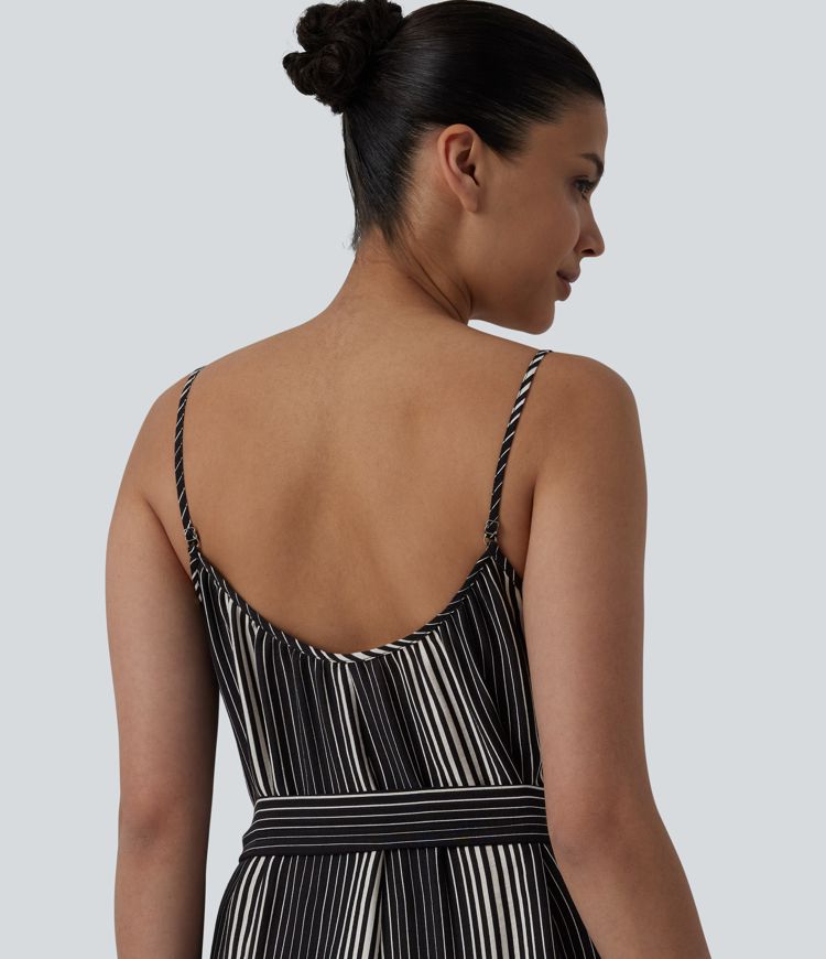 Tie Side Stripe Casual Slip Jumpsuit with Pockets
