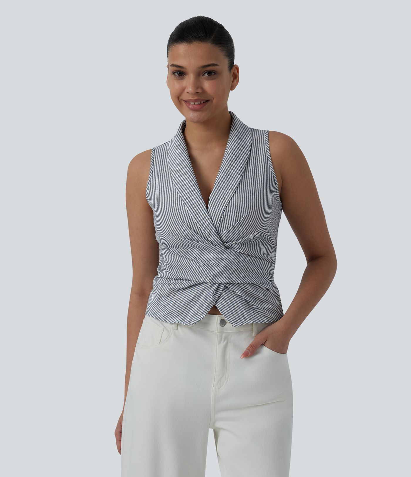 V Neck Tie Back Sleeveless Stripe Casual Shirt