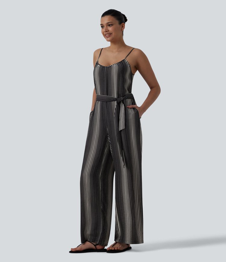 Tie Side Stripe Casual Slip Jumpsuit with Pockets