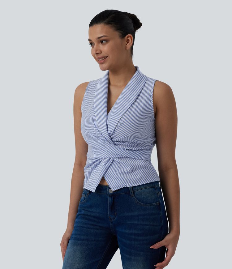 V Neck Tie Back Sleeveless Stripe Casual Shirt V Neck Tie Back Sleeveless Stripe Casual Shirt