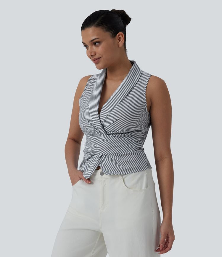 V Neck Tie Back Sleeveless Stripe Casual Shirt