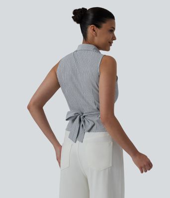 V Neck Tie Back Sleeveless Stripe Casual Shirt