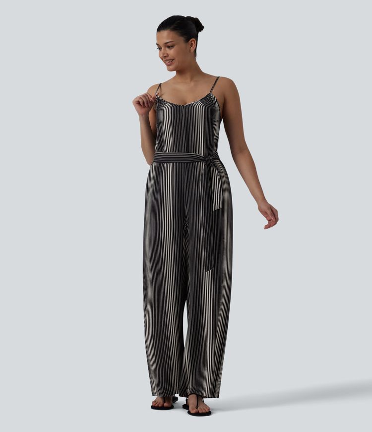 Tie Side Stripe Casual Slip Jumpsuit with Pockets