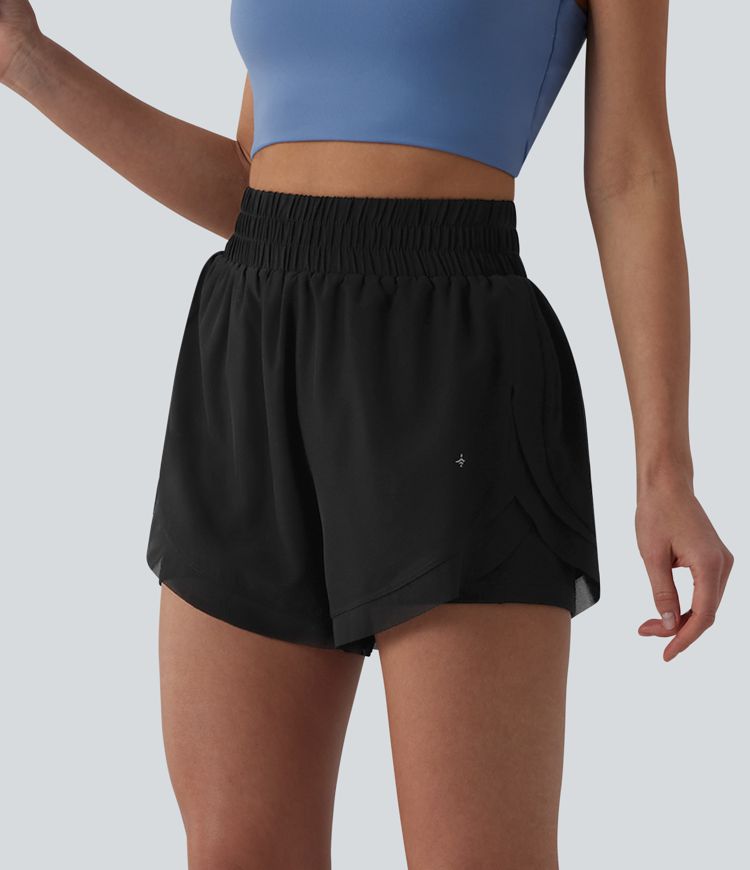 2-in-1-Laufshorts mit hohem Bund, kontrastierendem Mesh und Taschen