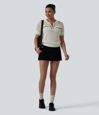 Neformální svetr s krátkým rukávem, polozipem, vykrojením a barevným blokem