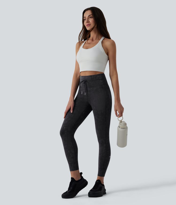 High Waisted Drawstring Casual 7/8 Leggings with Pockets