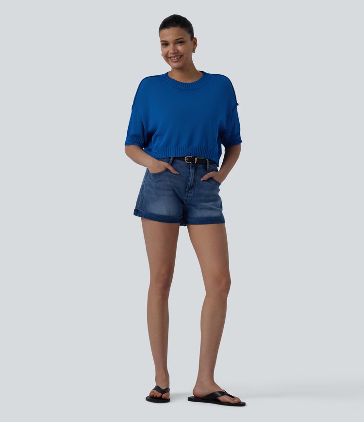 Round Neck Short Sleeve Cropped Casual Sweater