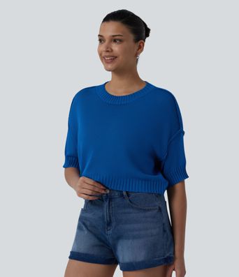 Round Neck Short Sleeve Cropped Casual Sweater