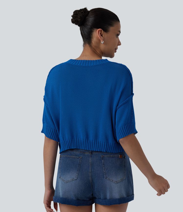 Round Neck Short Sleeve Cropped Casual Sweater