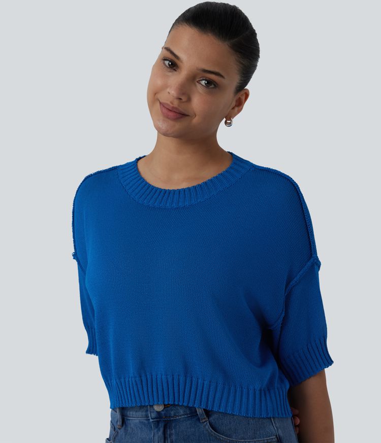 Round Neck Short Sleeve Cropped Casual Sweater