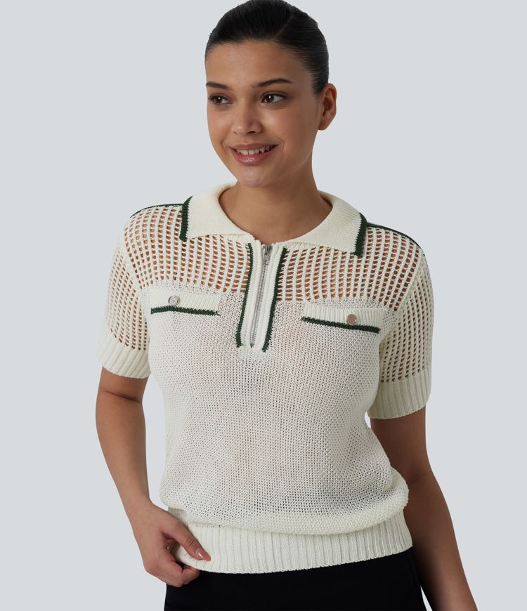 Neformální svetr s krátkým rukávem, polozipem, vykrojením a barevným blokem