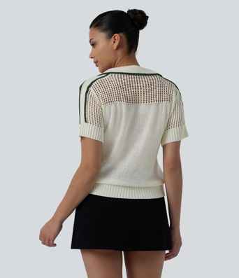 Neformální svetr s krátkým rukávem, polozipem, vykrojením a barevným blokem