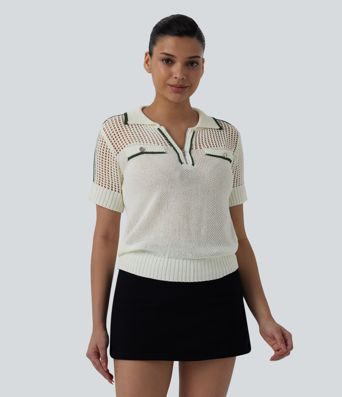 Neformální svetr s krátkým rukávem, polozipem, vykrojením a barevným blokem