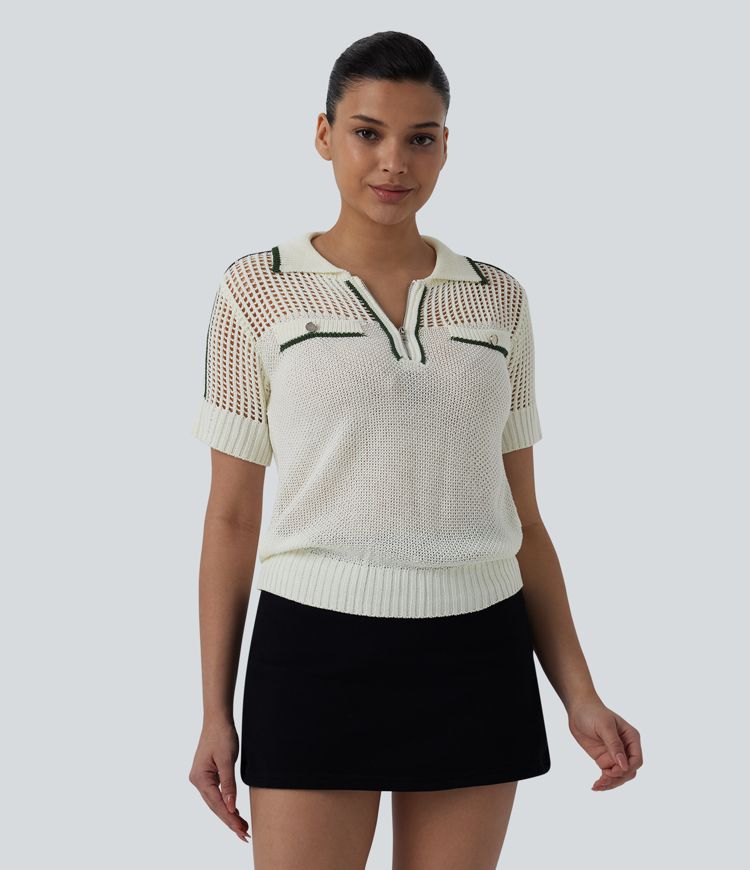 Neformální svetr s krátkým rukávem, polozipem, vykrojením a barevným blokem