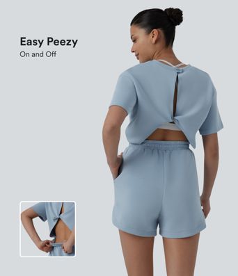 SpacerTek™ Round Neck Short Sleeve Twist Back Drawstring Curved Hem Casual Romper with Pockets-Easy Peezy