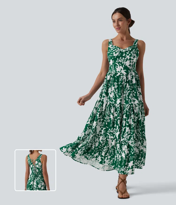 Sweetheart Neck Sleeveless Lace-up Floral Print Maxi Resort Dress