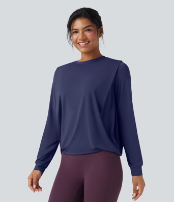 Round Neck Long Sleeve Ruched Yoga Sports Top-UPF50+