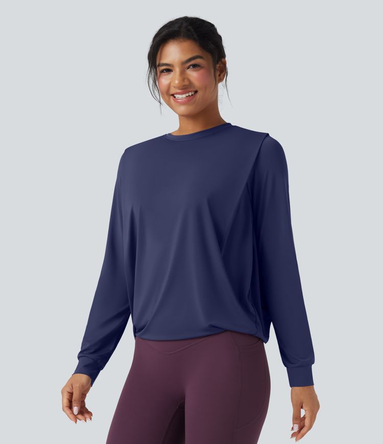 Round Neck Long Sleeve Ruched Yoga Sports Top-UPF50+
