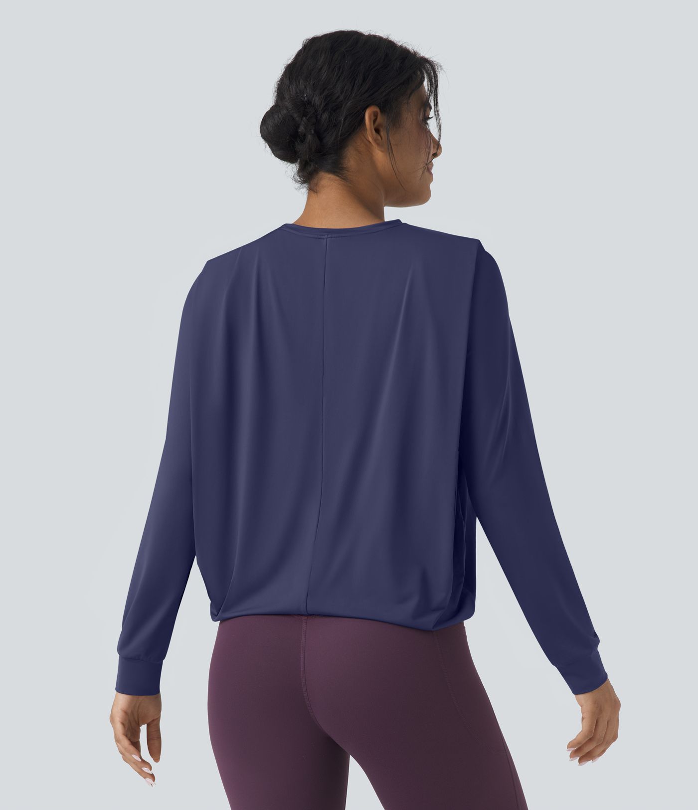 Round Neck Long Sleeve Ruched Yoga Sports Top-UPF50+