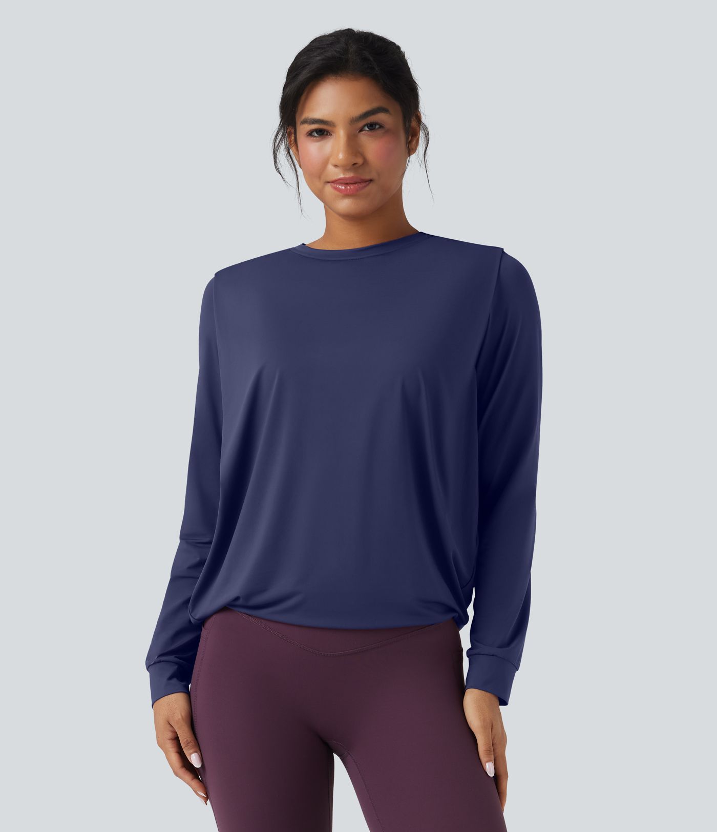 Round Neck Long Sleeve Ruched Yoga Sports Top-UPF50+