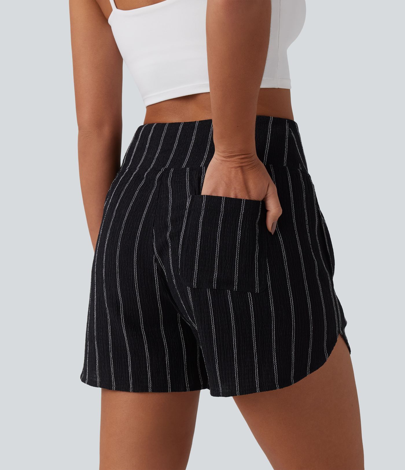 High Waisted Curved Hem Stripe Casual Shorts with Pockets
