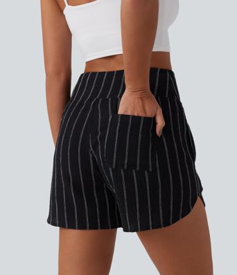 High Waisted Curved Hem Stripe Casual Shorts with Pockets