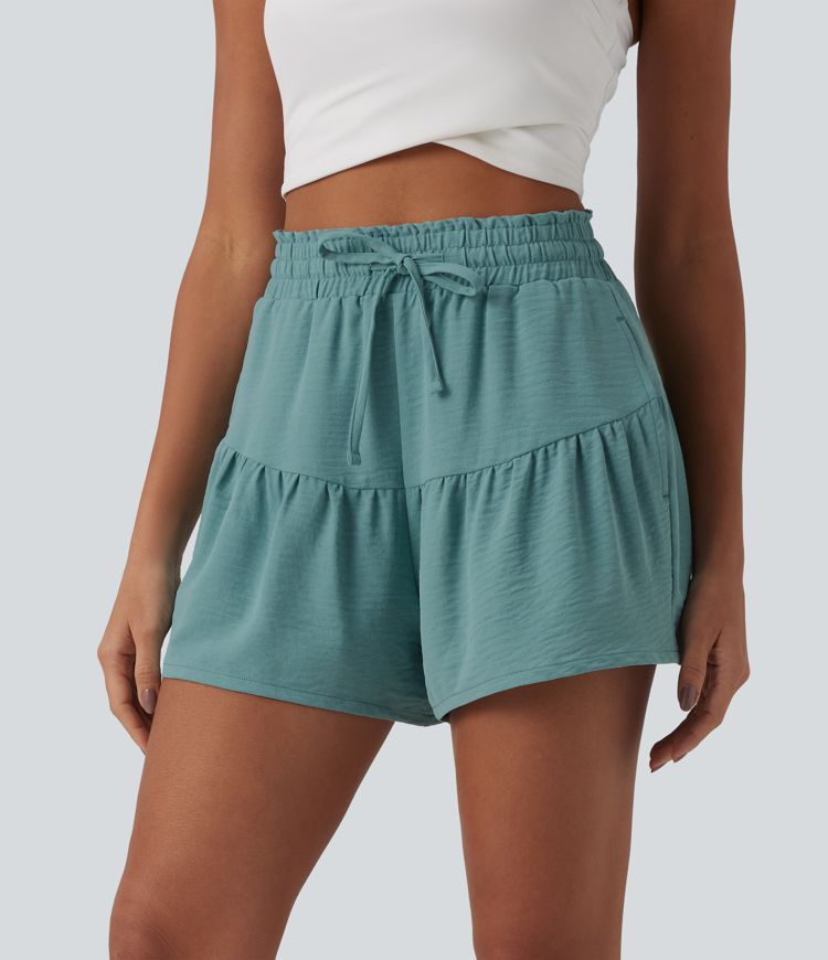 High Waisted Drawstring Ruffle Casual Linen-Feel Shorts 3.5'' with Pockets