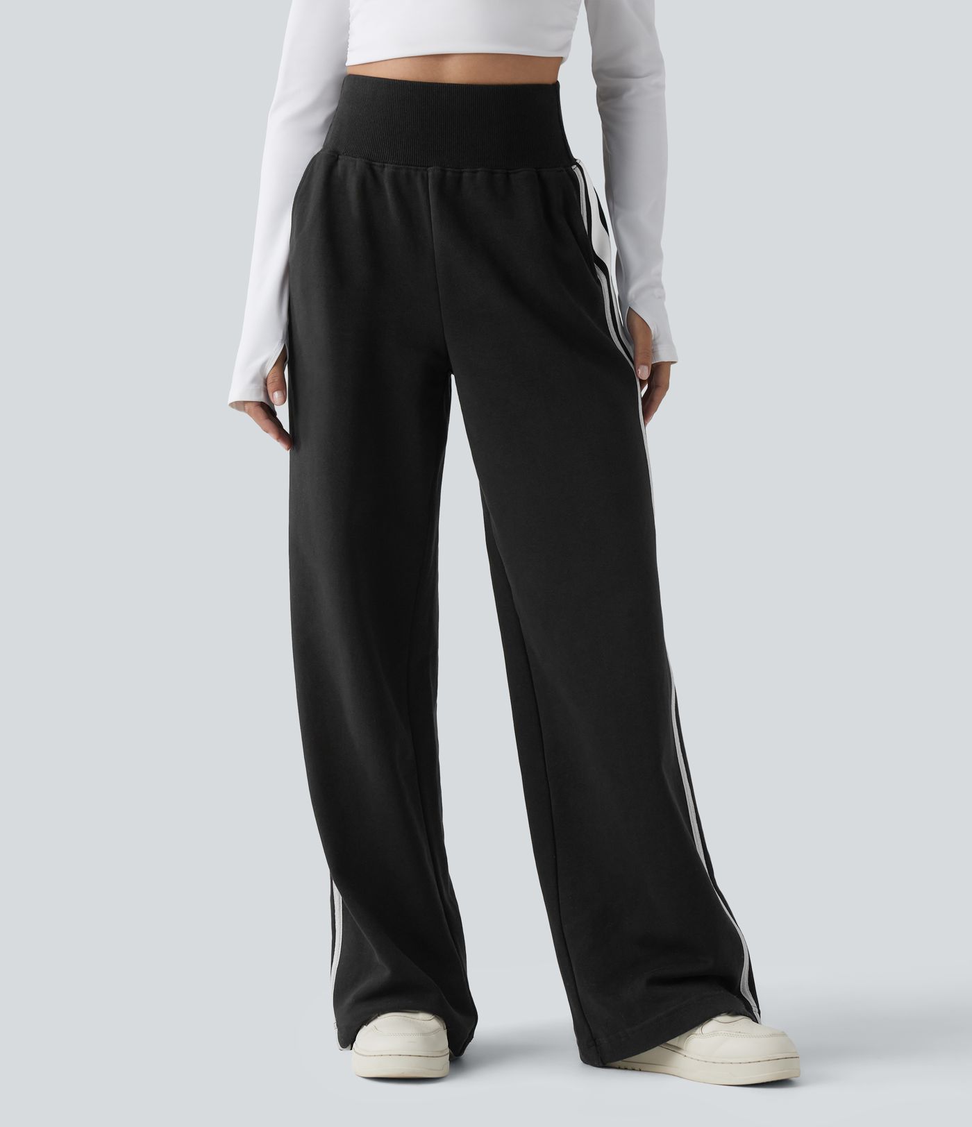 Pantalon de jogging casual coton large gainant à rayures taille haute avec poches