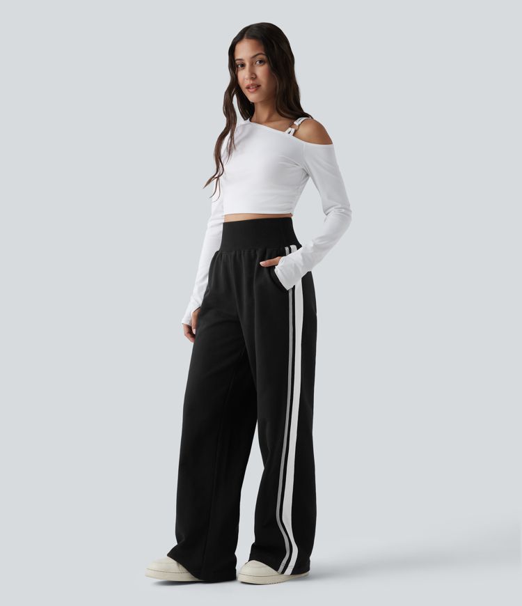 Pantalon de jogging casual coton large gainant à rayures taille haute avec poches