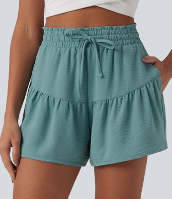 High Waisted Drawstring Ruffle Casual Linen-Feel Shorts 3.5'' with Pockets