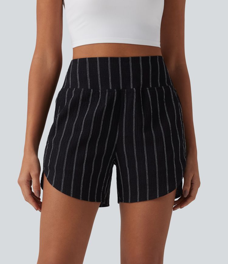 High Waisted Curved Hem Stripe Casual Shorts with Pockets