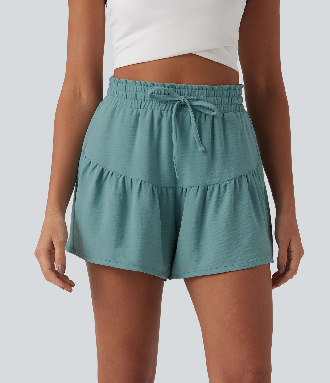 High Waisted Drawstring Ruffle Casual Linen-Feel Shorts 3.5'' with Pockets