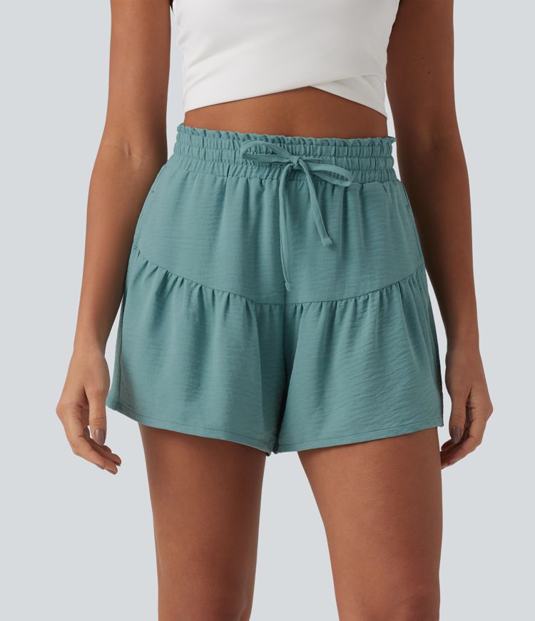 High Waisted Drawstring Ruffle Casual Linen-Feel Shorts 3.5'' with Pockets