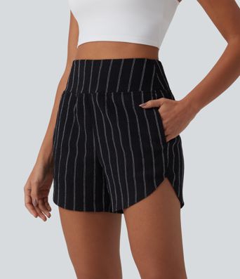 High Waisted Curved Hem Stripe Casual Shorts with Pockets