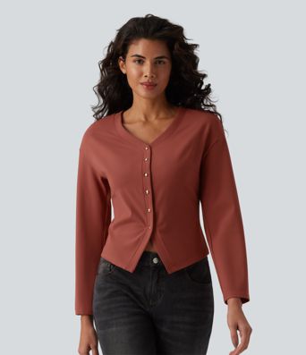 V-neck Long Sleeve Button Fly Casual Top