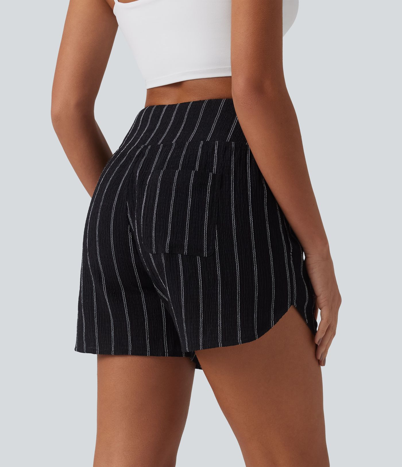 High Waisted Curved Hem Stripe Casual Shorts with Pockets