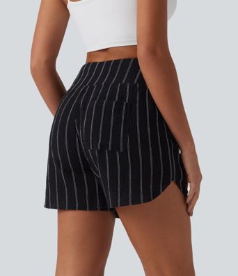 High Waisted Curved Hem Stripe Casual Shorts with Pockets