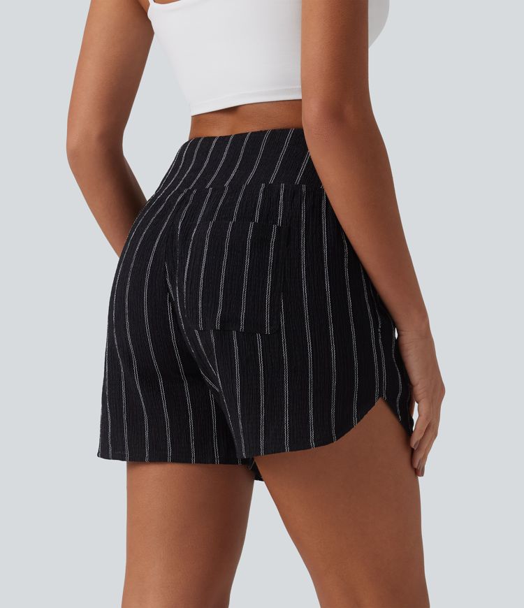 High Waisted Curved Hem Stripe Casual Shorts with Pockets